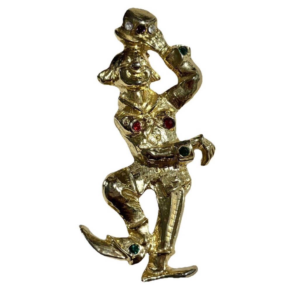 Vintage Clown Jester Brooch Gold Tone Rhinestone Figural Harlequin Retro